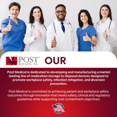 Post Medical locking cap closeup highlights secure sealing.