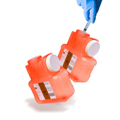 Post Medical translucent-red sharps container shows fill level at a glance for safe disposal.