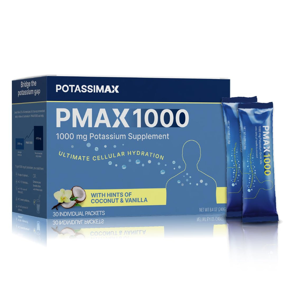 PotassiMax PMAX1000 packaging front for balanced electrolytes and daily hydration.