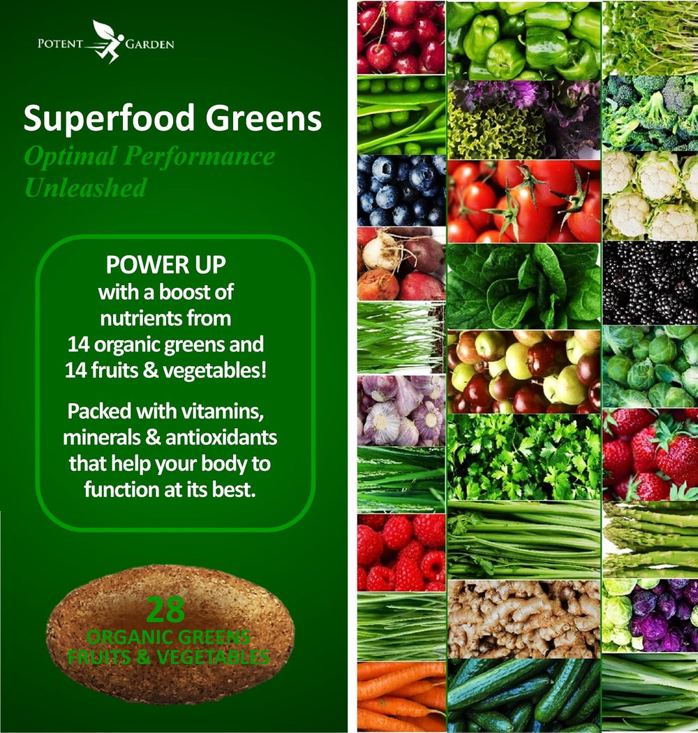 Potent Garden 2-Pack Organic Superfood Greens cap close-up shows tablet form ready for morning routine.