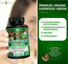 Potent Garden 2-Pack Organic Superfood Greens packaging on shelf emphasizes USA GMP quality.
