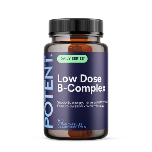 Potent Nutri Low Dose B-Complex bottle shown for daily energy support.