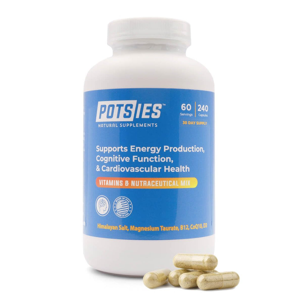 Potsies POTS supplement bottle close-up highlighting daily support.