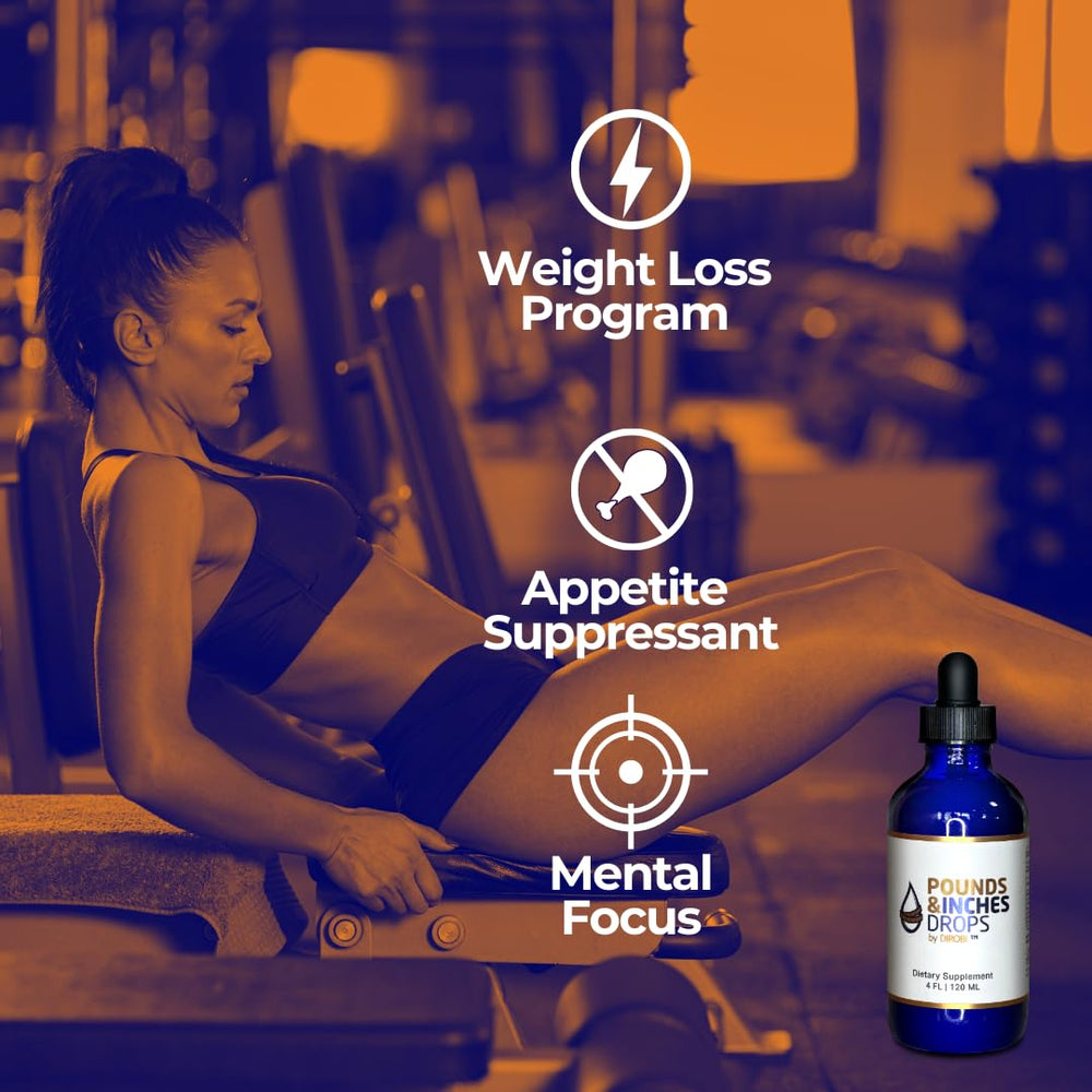 Pounds and Inches Drops blueberry flavor illustration suggests tasty, convenient supplementation