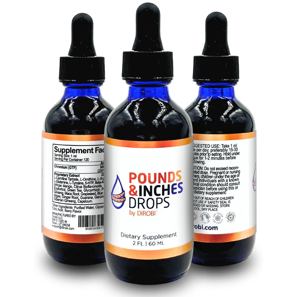 Pounds and Inches Drops bottle front with blueberry flavor for easy daily dosing