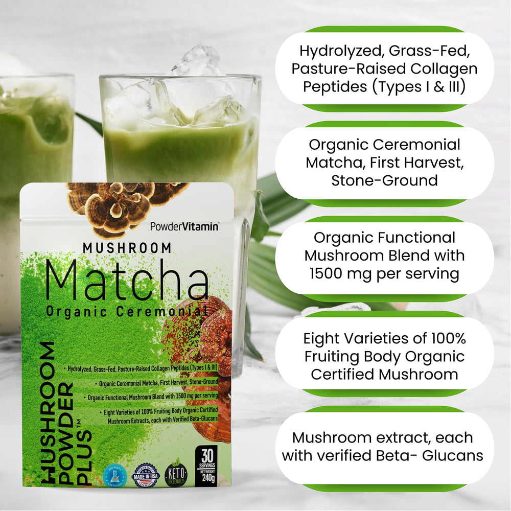 PowderVitamin double-extracted mushrooms bottle-pour emphasizes beta-glucan content for resilience.