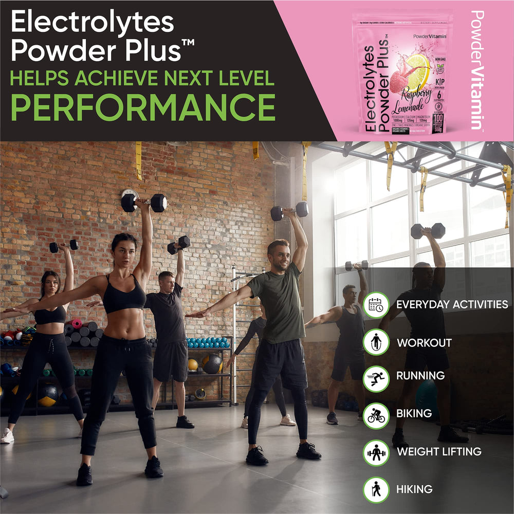 PowderVitamin Electrolytes Plus raspberry lemonade powder ready to mix for sugar-free hydration