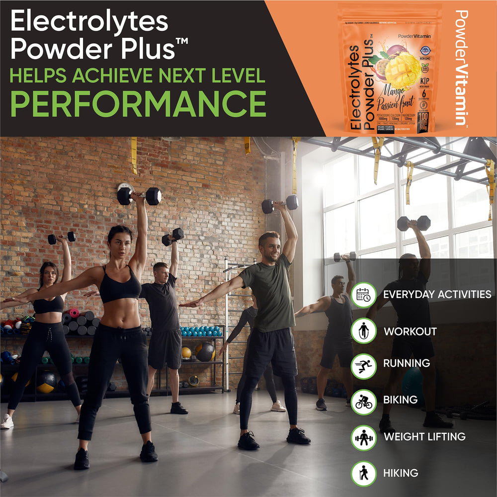 PowderVitamin Electrolytes Plus dissolving in water with mango passionfruit flavor