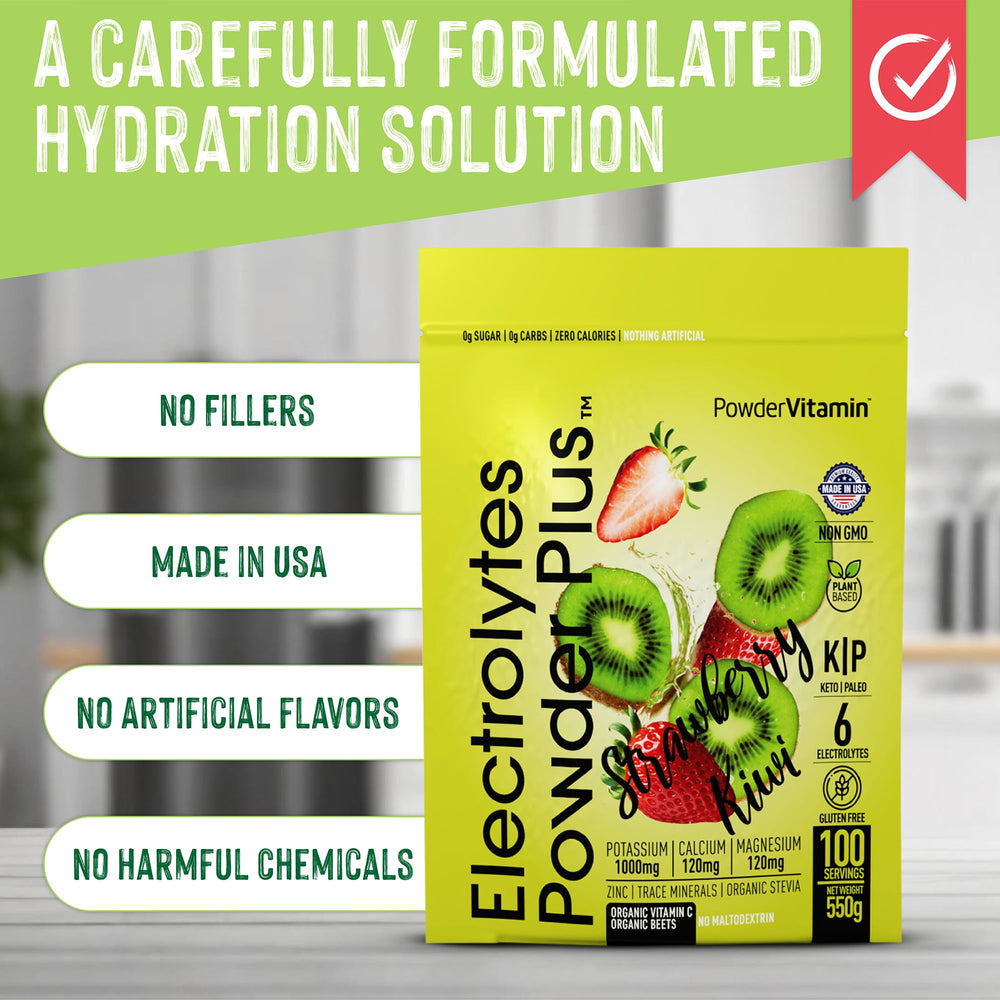 Packaging pouch of PowderVitamin Electrolytes Plus in a kitchen setting.