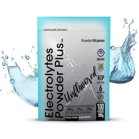 PowderVitamin electrolytes unflavored bottle ready for daily hydration.