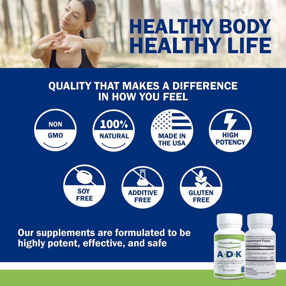 Power By Naturals ADK bottle pour demonstrates convenient dosing for daily use