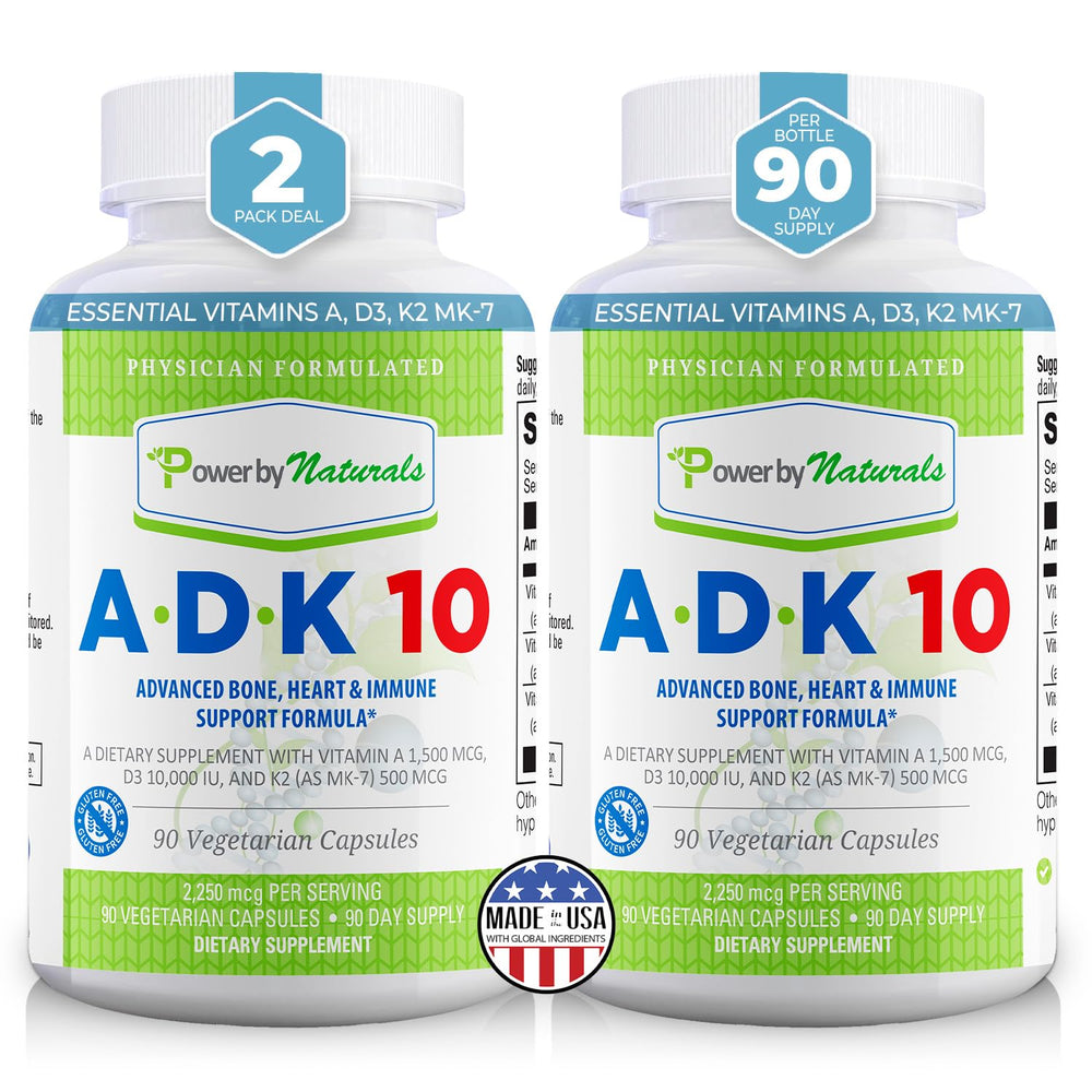 Power By Naturals ADK10 bottle pour shows easy daily dosing for bone support.
