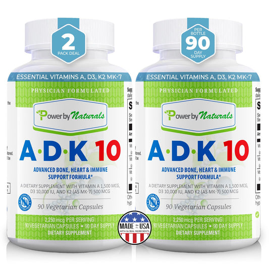 Power By Naturals ADK10 bottle pour shows easy daily dosing for bone support.