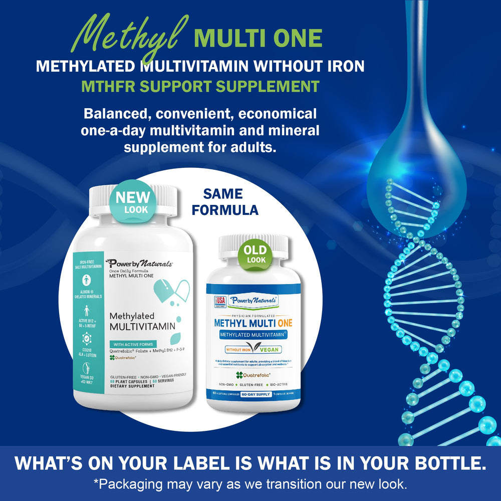 Power By Naturals Methyl Multi One bottle back with supplement details for MTHFR support