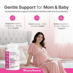 Power By Naturals Methyl Prenatal iron and folate capsules aiding red blood cell health.