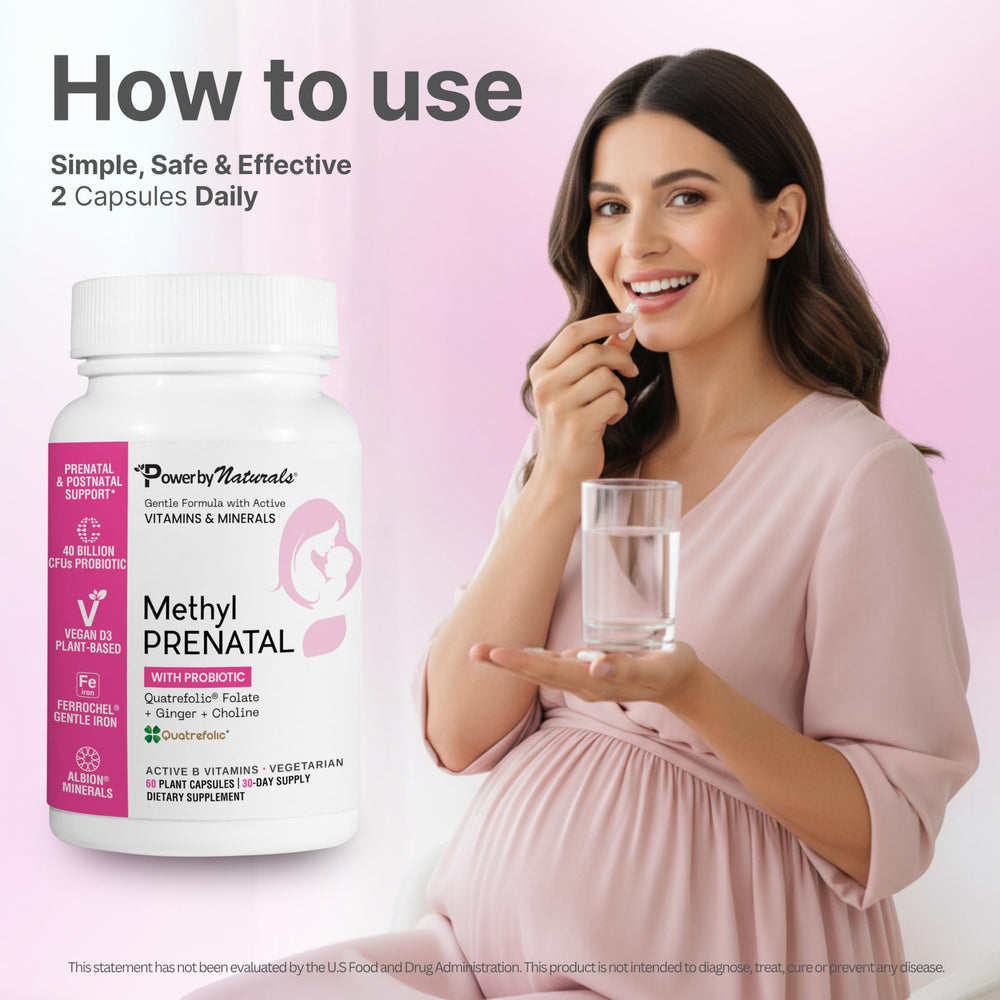Power By Naturals Methyl Prenatal vegan capsules indicating vegan-friendly and gluten-free formula.