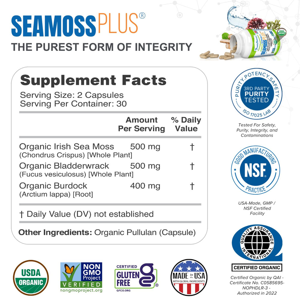 Power By Naturals Sea Moss Plus capsules shown for convenient daily use