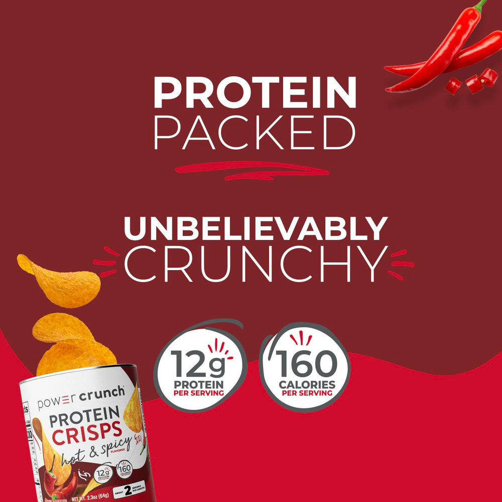 Power Crunch CRISPS Hot & Spicy resealable can preserves freshness for travel.