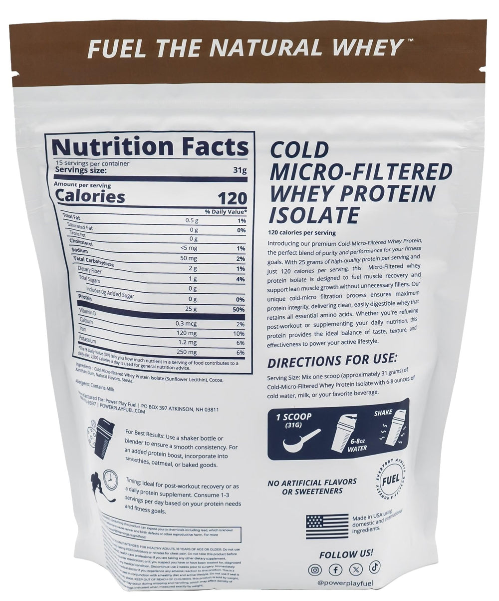 POWER PLAY FUEL chocolate label close-up highlights keto-friendly protein.
