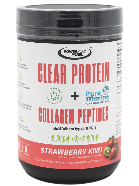 POWER PLAY FUEL Clear Protein bottle pouring for refreshing post-workout hydration.