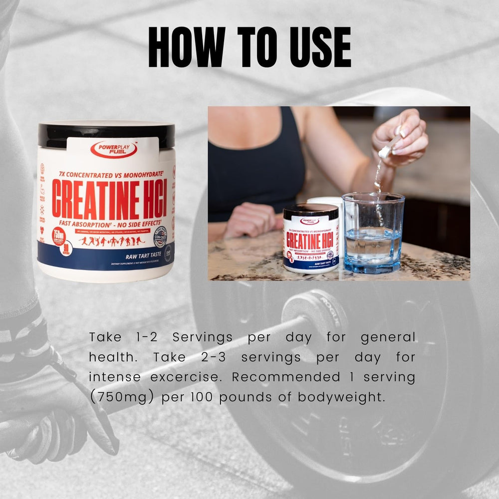 Lab-tested seals beside POWER PLAY FUEL Creatine HCl packaging.