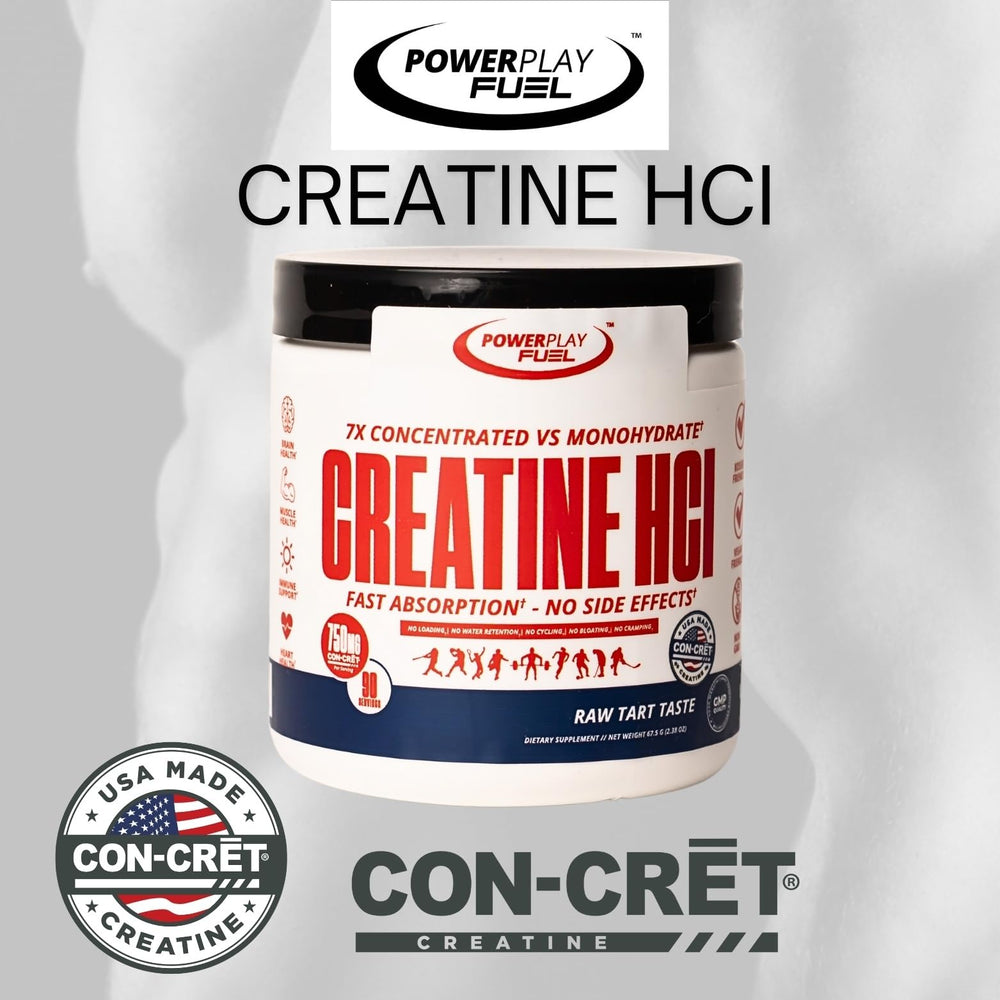 Close-up of POWER PLAY FUEL Creatine HCl powder texture showing raw tart flavor.