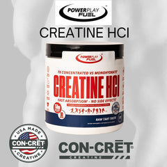 Close-up of POWER PLAY FUEL Creatine HCl powder texture showing raw tart flavor.