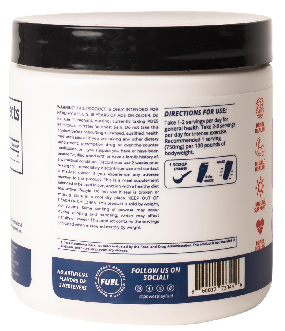 Scoop and cup with POWER PLAY FUEL Creatine HCl powder for faster absorption.