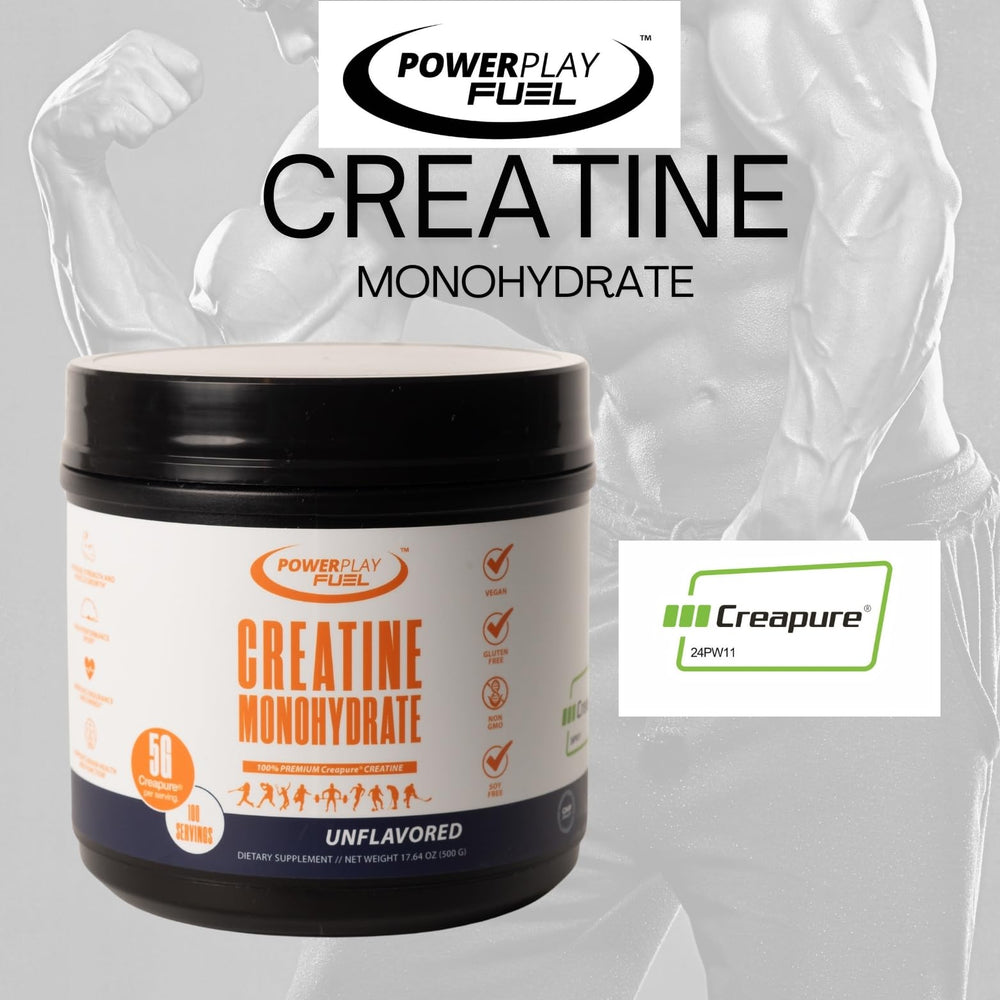 Power Play Fuel 500 g container for convenient daily creatine use.