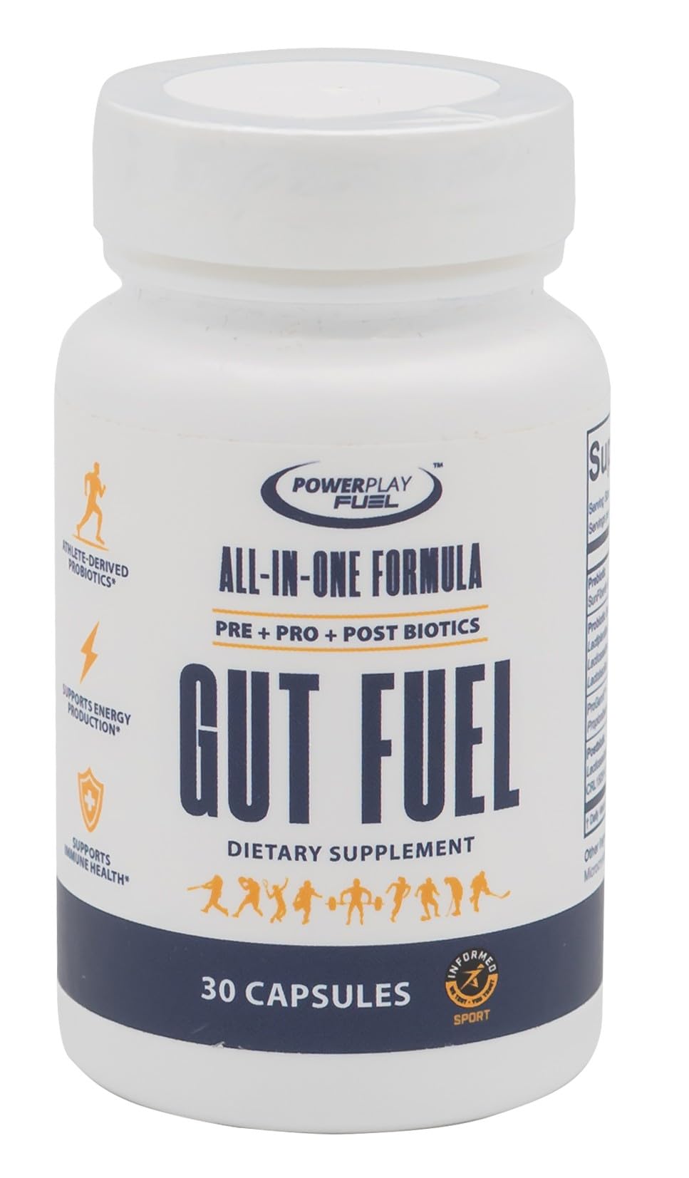 POWER PLAY FUEL Gut Fuel bottle front view showing athlete-derived blend for digestive wellness.
