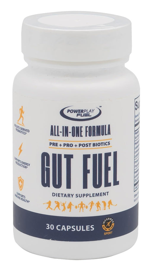 POWER PLAY FUEL Gut Fuel bottle front view showing athlete-derived blend for digestive wellness.