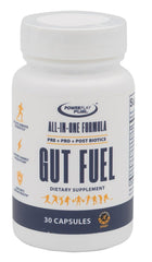 POWER PLAY FUEL Gut Fuel bottle front view showing athlete-derived blend for digestive wellness.