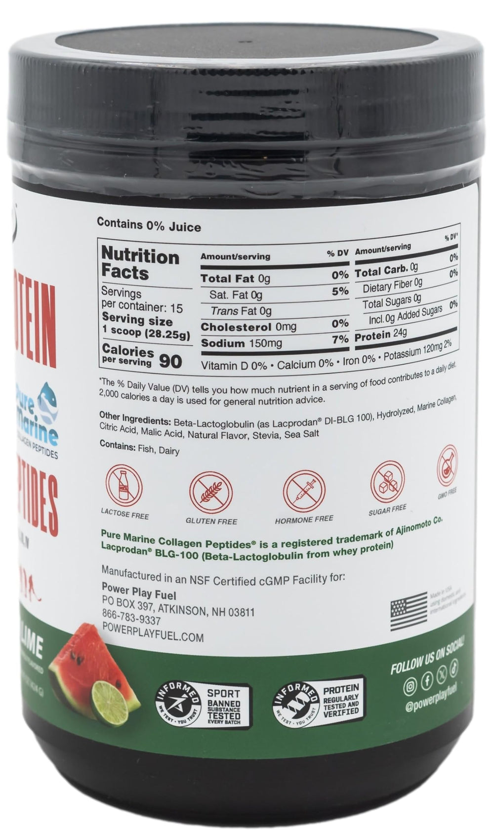Power Play Fuel Watermelon Lime Clear Protein label close-up highlighting allergen-free ingredients