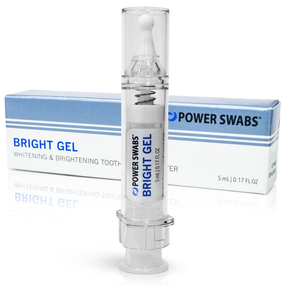 Power Swabs Bright Gel packaging shows a compact tube for easy daily whitening.