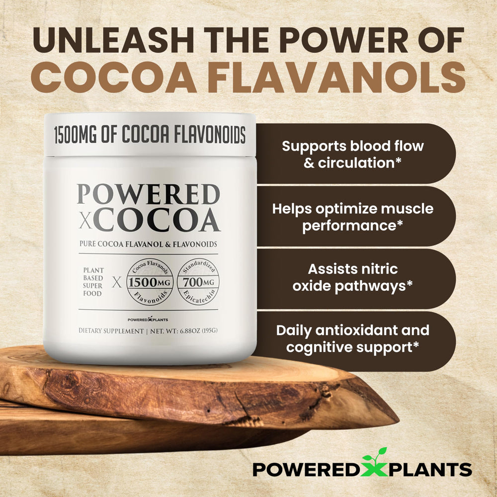 Powered X Plants cocoa powder in cup ready to mix into drinks and recipes.