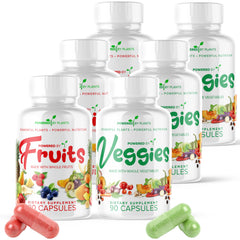 Powered X Plants bottle front view with vegan fruit and veggie capsules for daily use