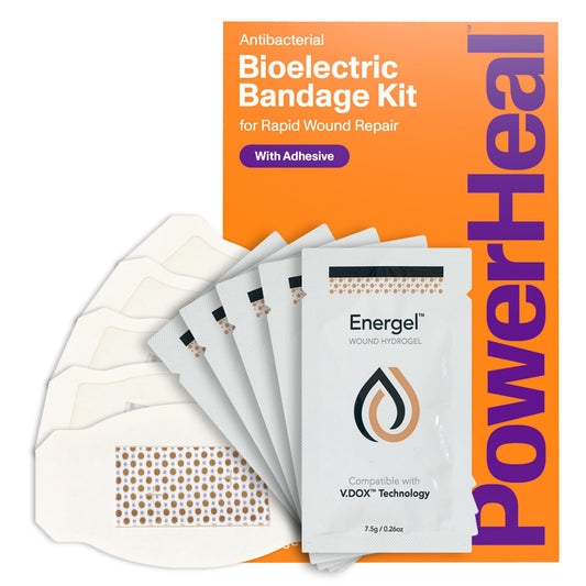 PowerHeal bioelectric bandage kit box shows 3-layer design for enhanced wound care.