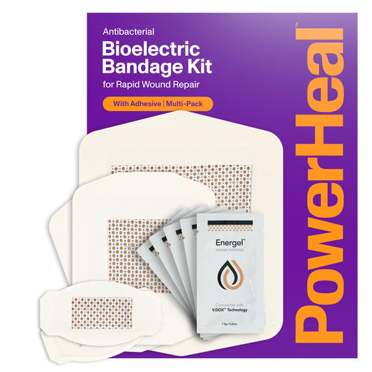 PowerHeal bioelectric bandage kit packshot demonstrates at-home wound care benefits.