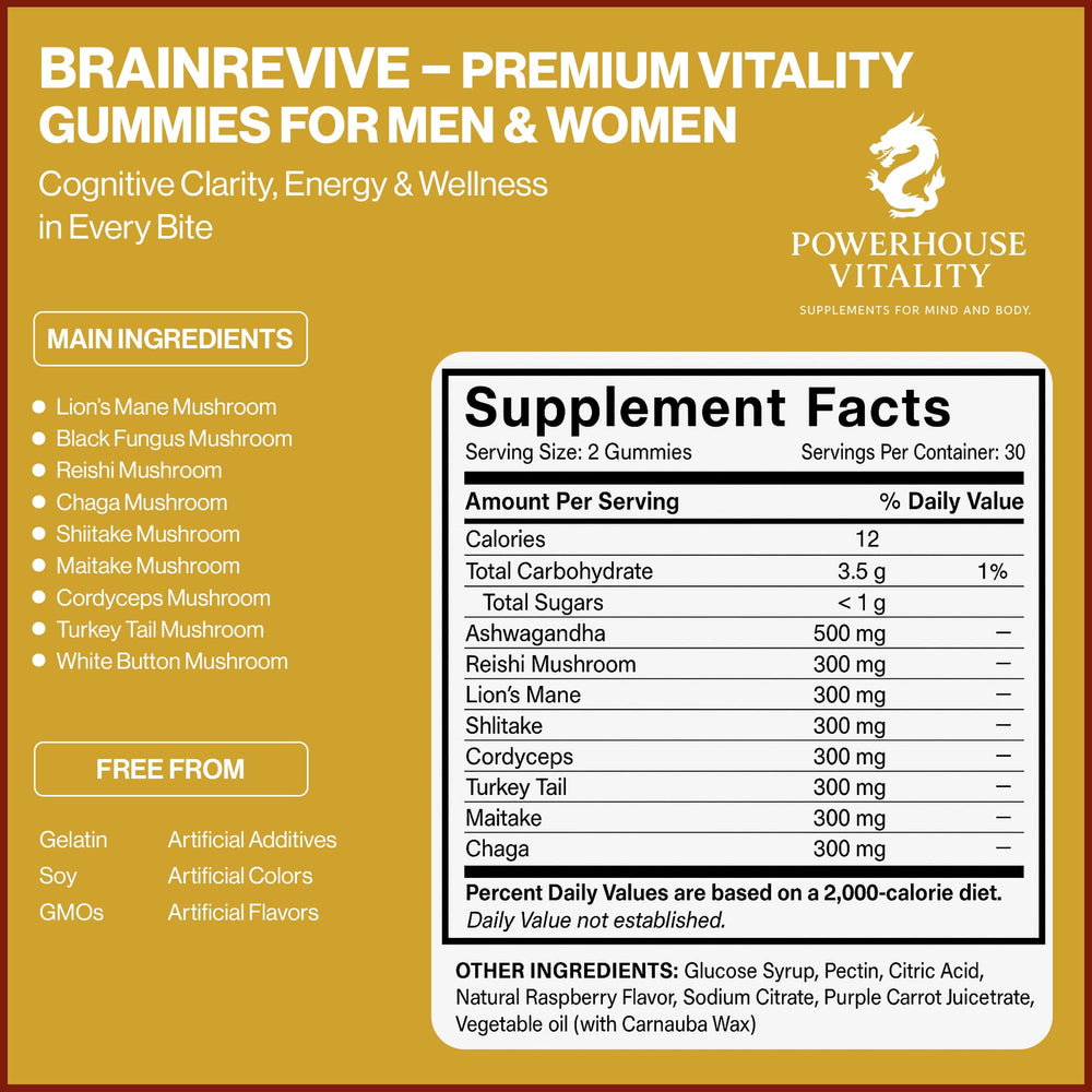 Powerhouse Vitality BrainRevive bottle pour showing easy daily dosing