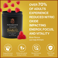 Powerhouse Vitality BrainRevive on a desk setup suggesting study or work focus