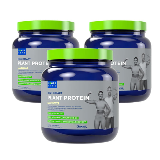 POWERLIFE High Impact Plant Protein bottle shows vanilla formula for steady energy and lean muscle.
