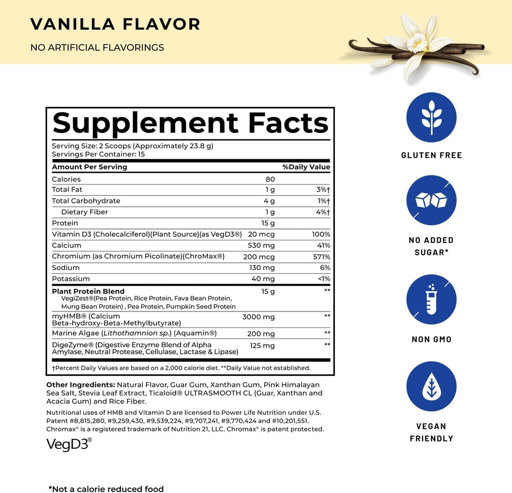 POWERLIFE High Impact Plant Protein label highlights 3000 mg HMB and D3 benefits.