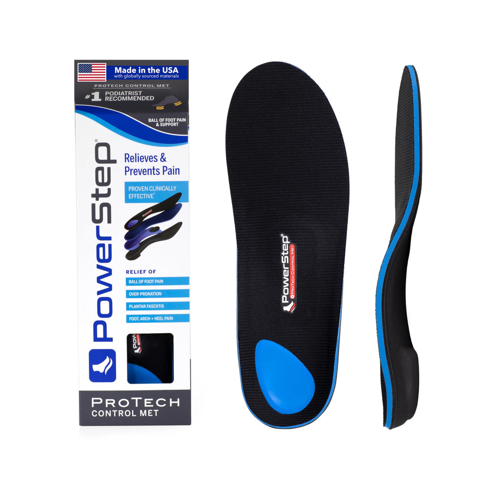 PowerStep ProTech Control Met full-length orthotics with metatarsal pad for arch support and comfort.