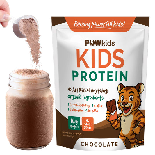 POWkids chocolate protein powder pour for a creamy shake loved by kids