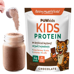 POWkids chocolate protein powder pour for a creamy shake loved by kids