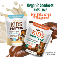 POWkids grass-fed whey ingredient list visible, signaling high-quality protein for growing kids.