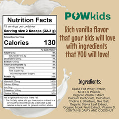 POWkids no-added-sugar organic-sourcing label emphasizes clean, parent-friendly nutrition.
