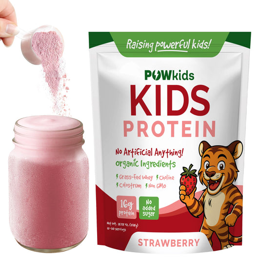 POWkids strawberry flavor tub highlights organic ingredients for kid-friendly nutrition.