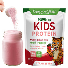 POWkids strawberry flavor tub highlights organic ingredients for kid-friendly nutrition.