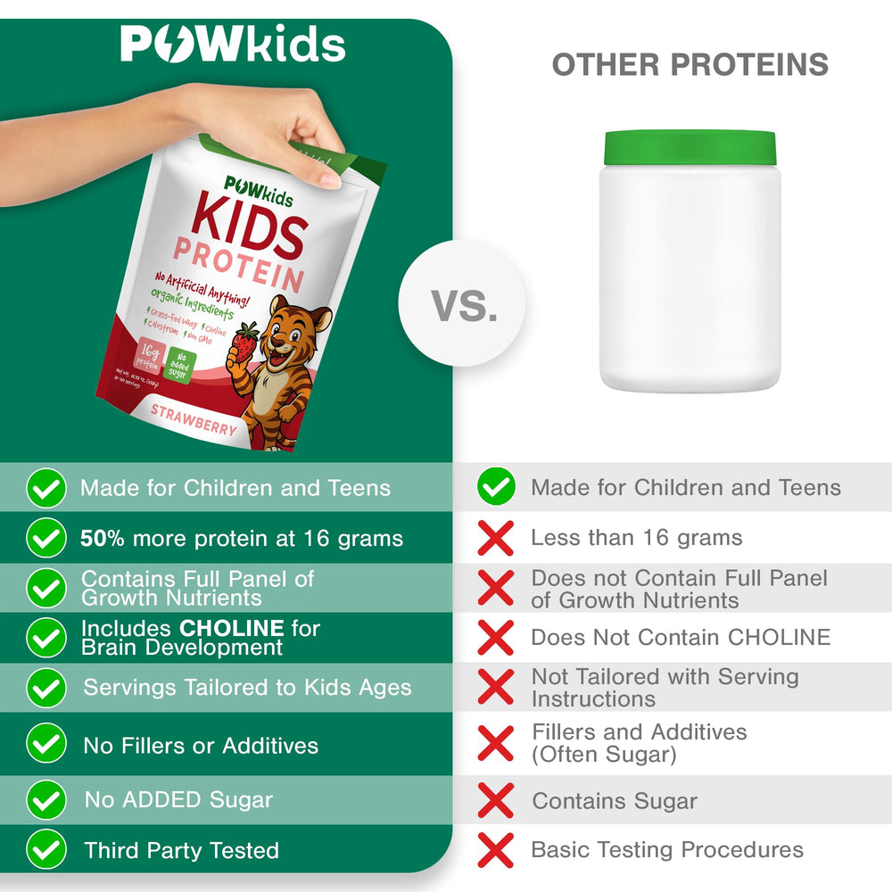 POWkids strawberry tub with spoon ready for quick, protein-packed shakes.